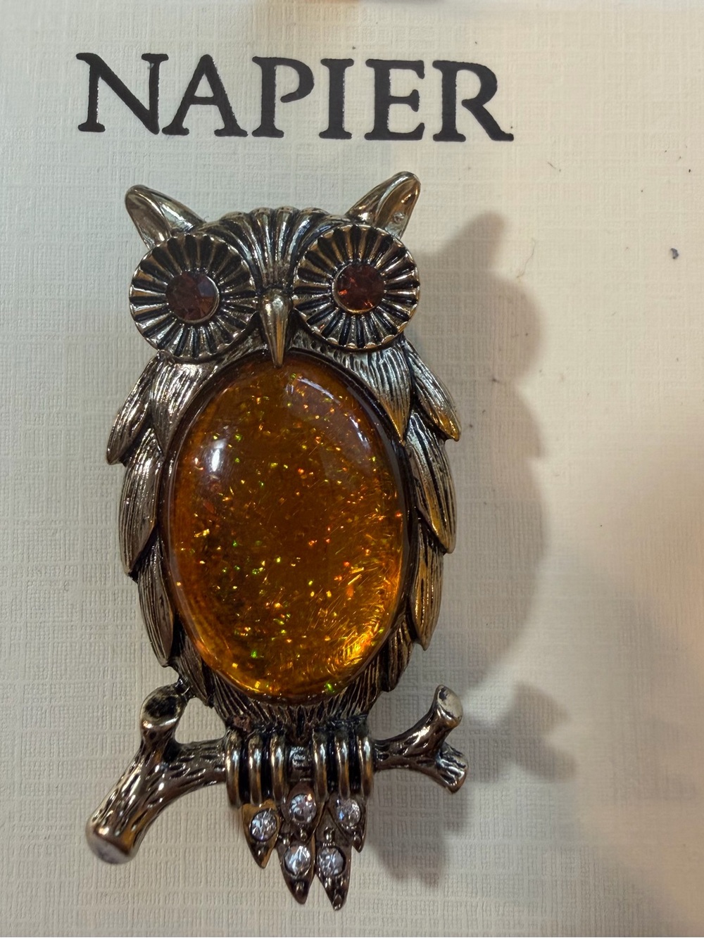 Napier Silver-Tone Owl Pin with Amber Glitter Cabochon belly